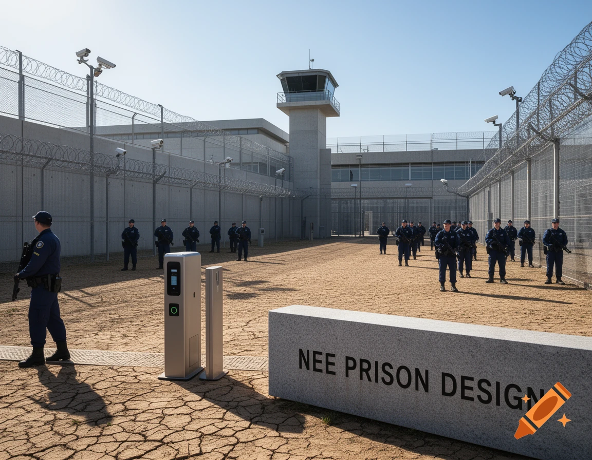 A photorealistic image of a prison yard with armed guards, a watchtower, and a large stone block reading "NEE PRISON DESIGN."