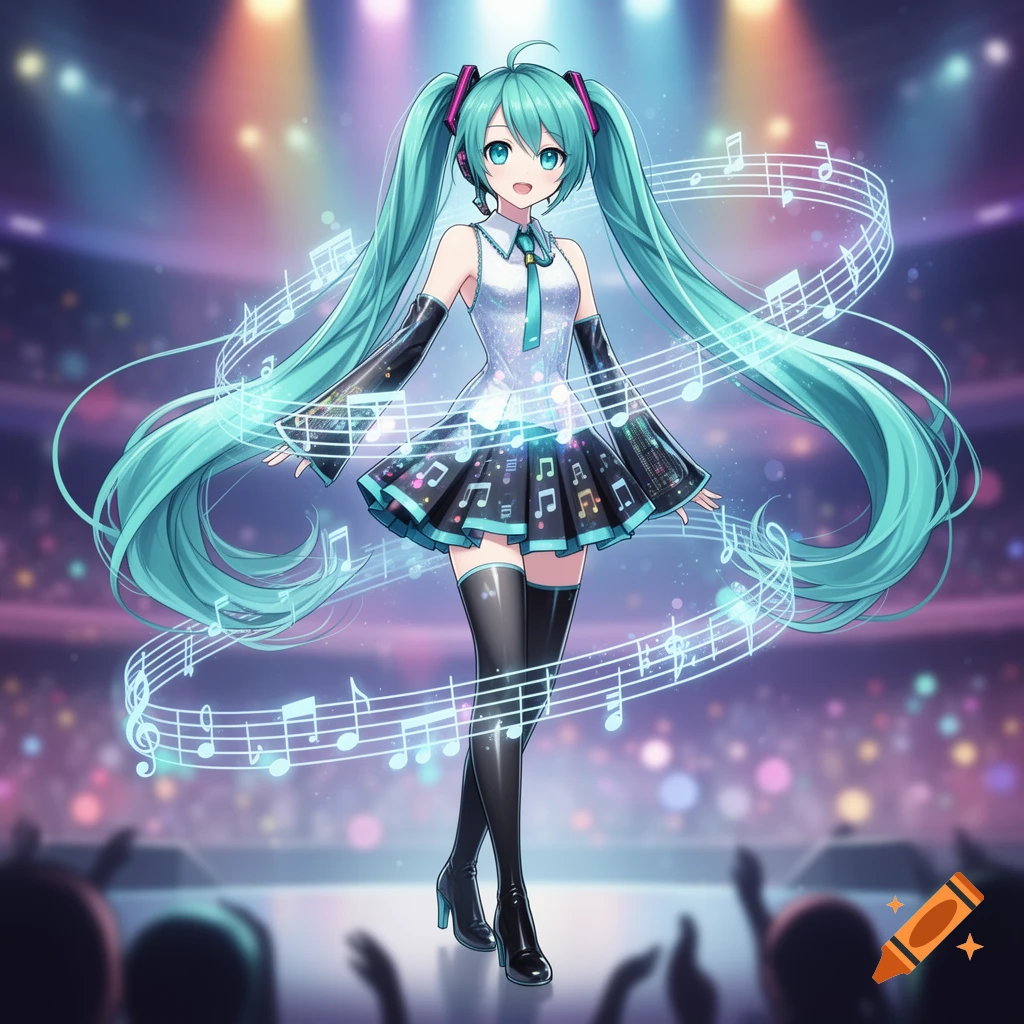 Hatsune Miku, an anime girl with long turquoise pigtails, stands on a stage with glowing musical notes swirling around her. She wears a black and white outfit with a tie, long gloves, and thigh-high boots, in front of a blurred audience and spotlights.