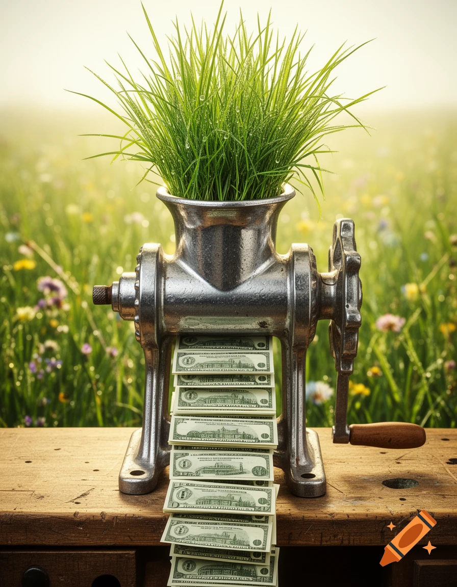 A vintage meat grinder with lush green grass emerging from the top, while a stack of dollar bills exits the bottom, set on a wooden surface in a field.