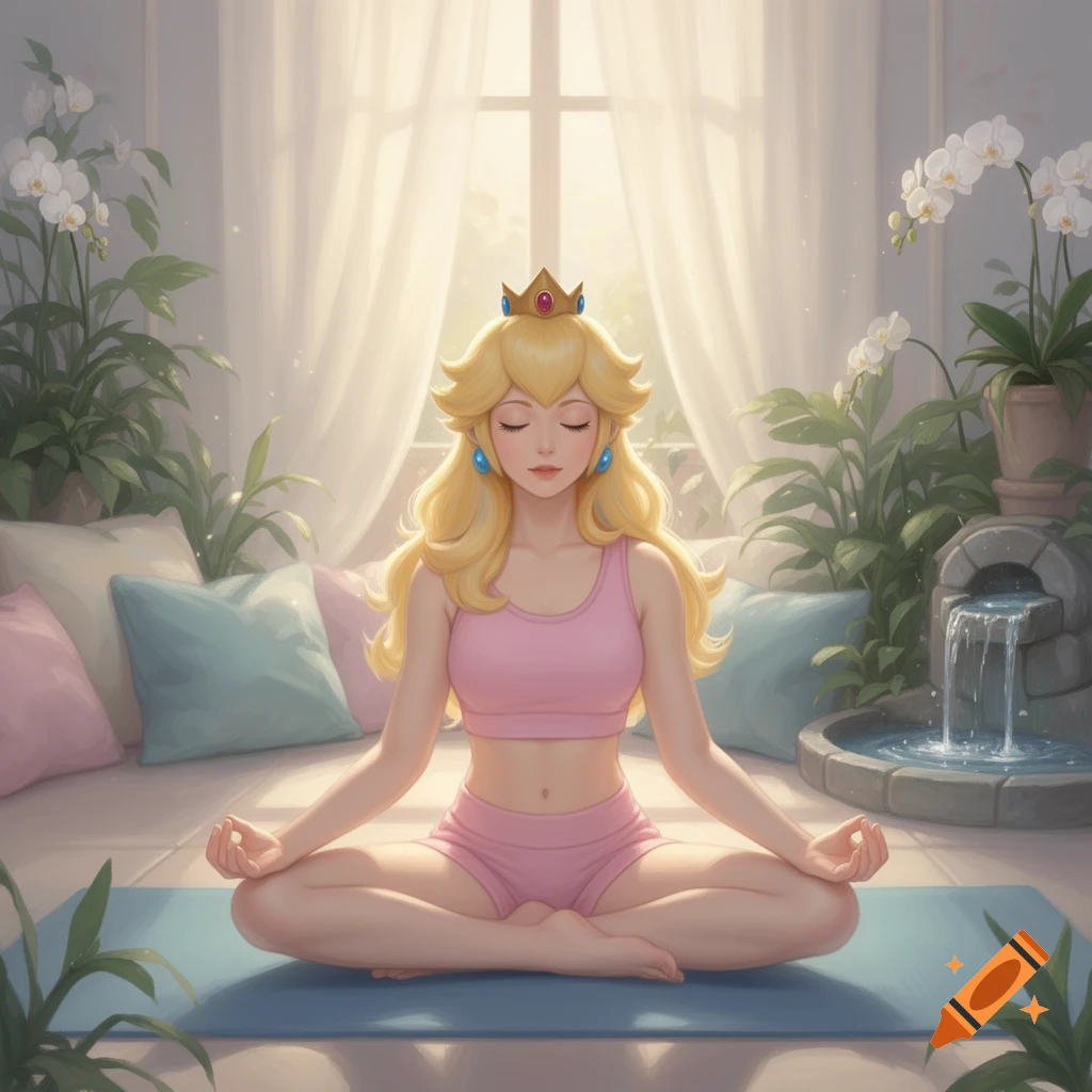 Princess Peach meditates in a serene indoor setting with plants and a fountain, wearing yoga attire in an anime style.