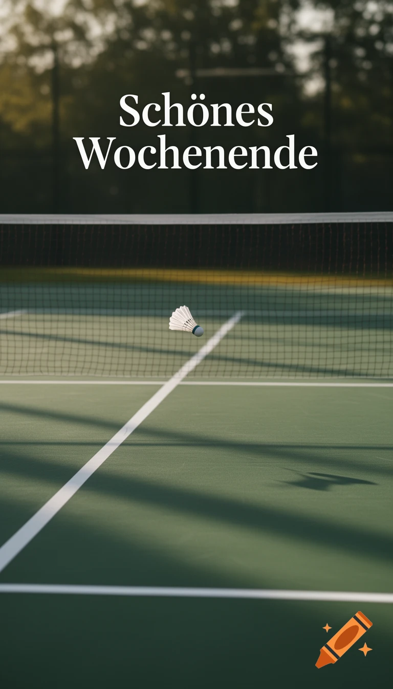 A shuttlecock floats over a badminton court net with 'Schönes Wochenende' text overlaid.