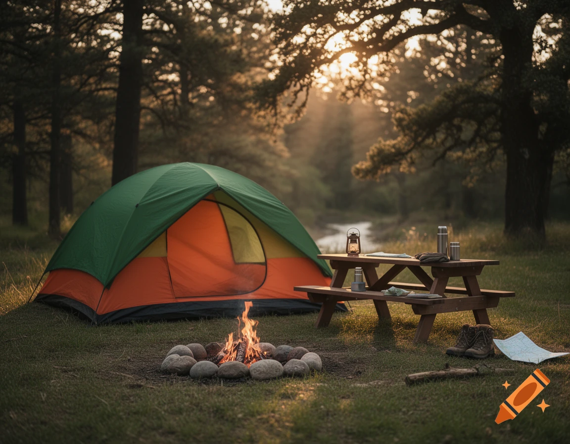 A vibrant green and orange tent pitched in a forest clearing at sunset, with a campfire and a picnic table laden with gear.