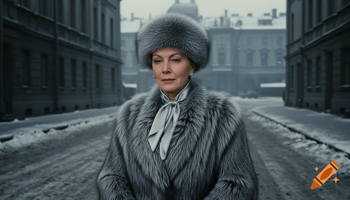 A middle-aged woman in an opulent grey fur coat and matching hat stands on a bleak, slushy Moscow street. Cinematic style.