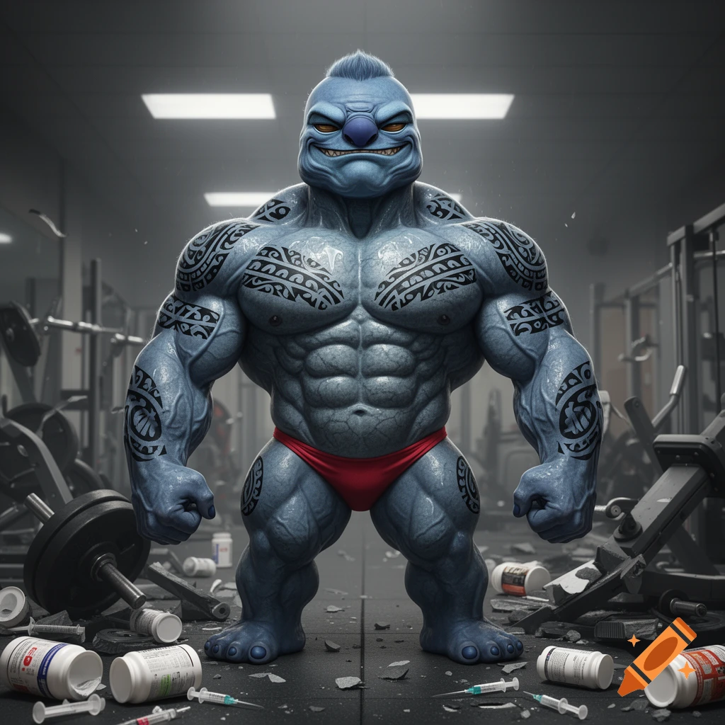 Massive, blue, muscular Stitch from Lilo & Stitch, with black Polynesian tattoos and a red thong, stands in a destroyed gym surrounded by pill bottles and syringes.
