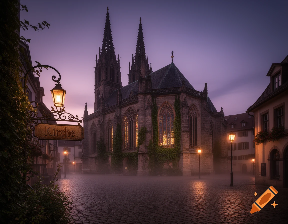 A gothic-style church stands majestically in a misty cobblestone town square at dusk, illuminated by glowing lanterns.