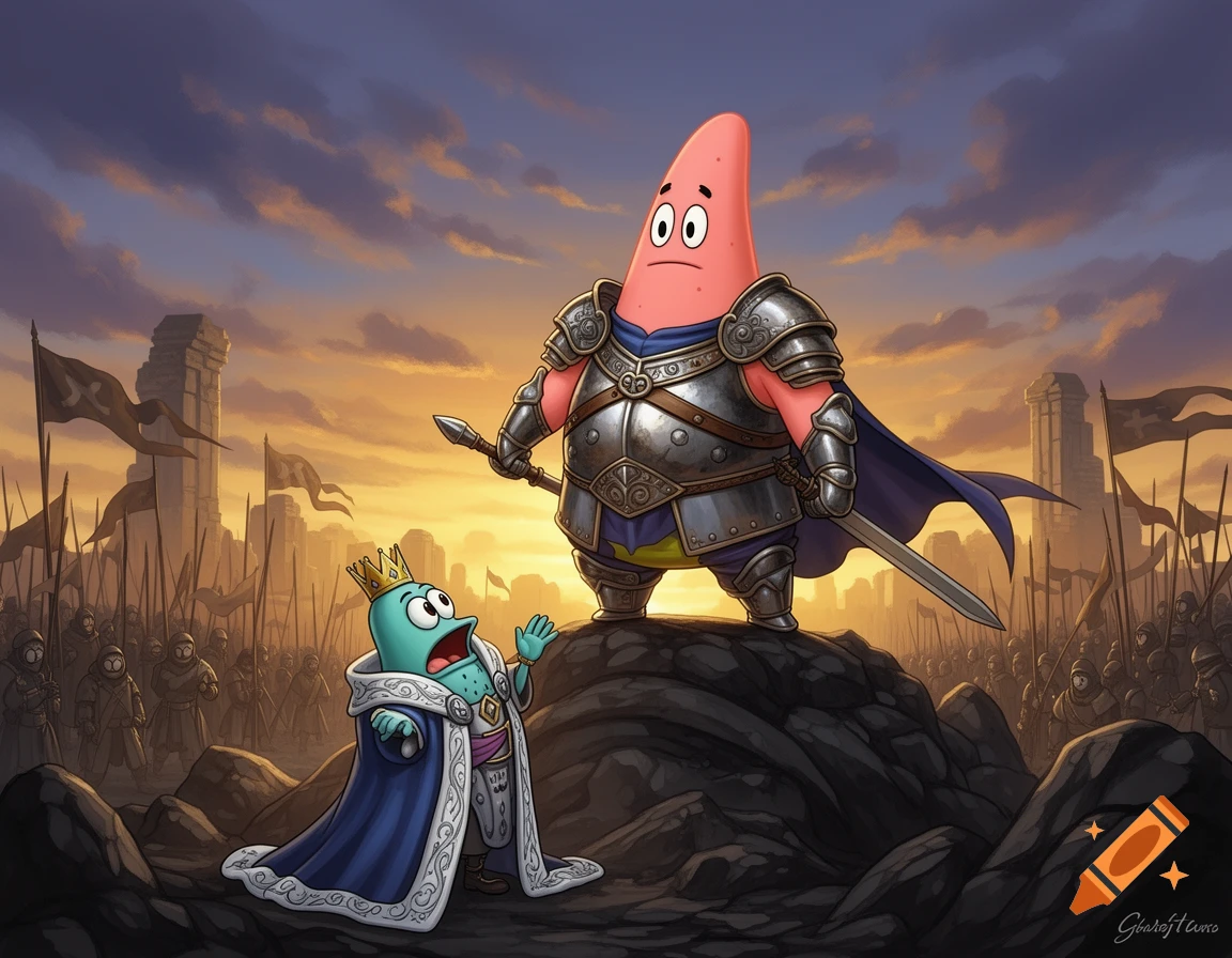 Cartoon Patrick Star in knight armor stands triumphantly on a rock, looking down at a small blue king on a battlefield at sunset.
