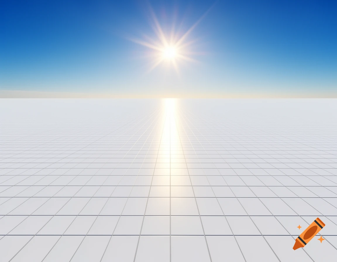 An endless flat surface of white tiles under a clear blue sky with a bright sun at the horizon.