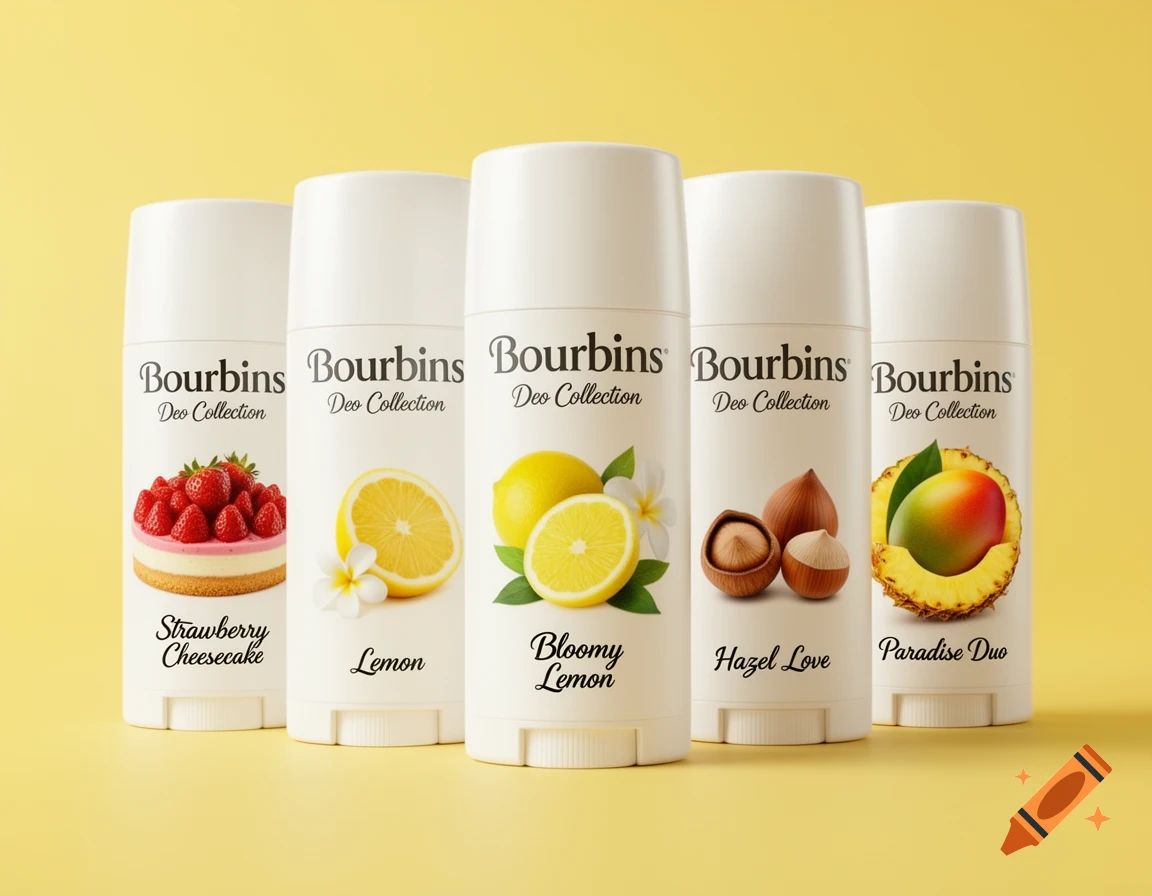 Five white deodorant sticks, each with a different fruit or dessert theme, against a bright yellow background.