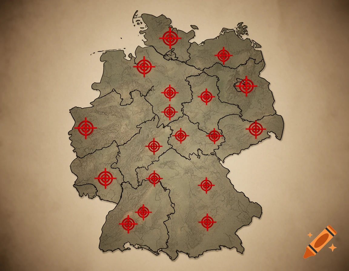 A stylized, old-fashioned map of Germany with red crosshairs marking each of the 16 state capitals.