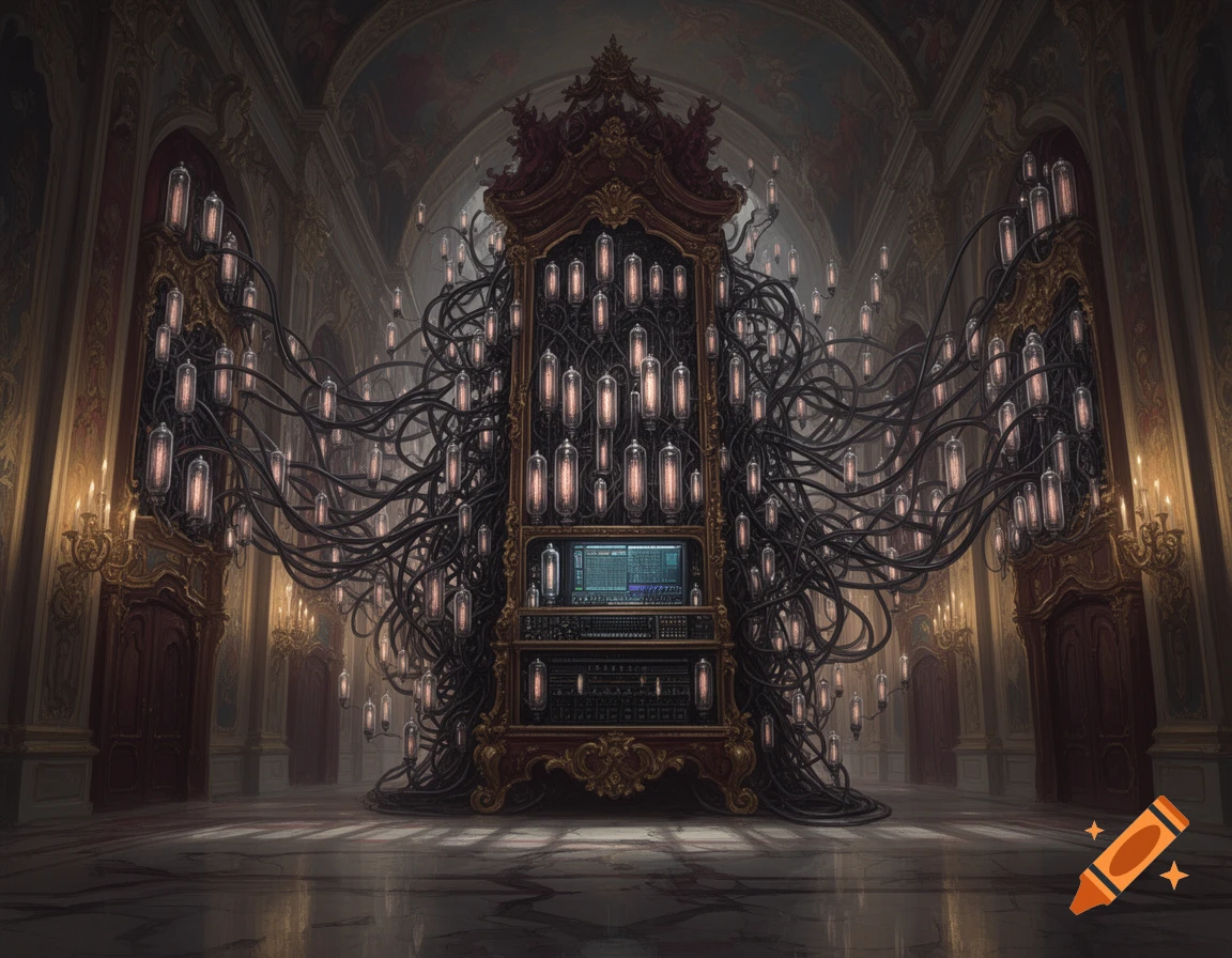 A grand baroque hall features a towering, ornate central computer made of countless glowing vacuum tubes and black wires, with a screen displaying data.