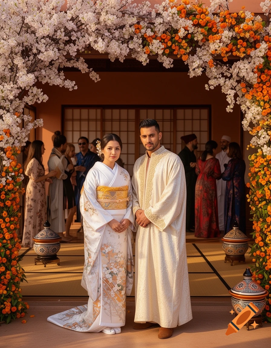 Japanese woman in kimono and Moroccan man in embroidered robe stand under floral wedding arch, guests in background.