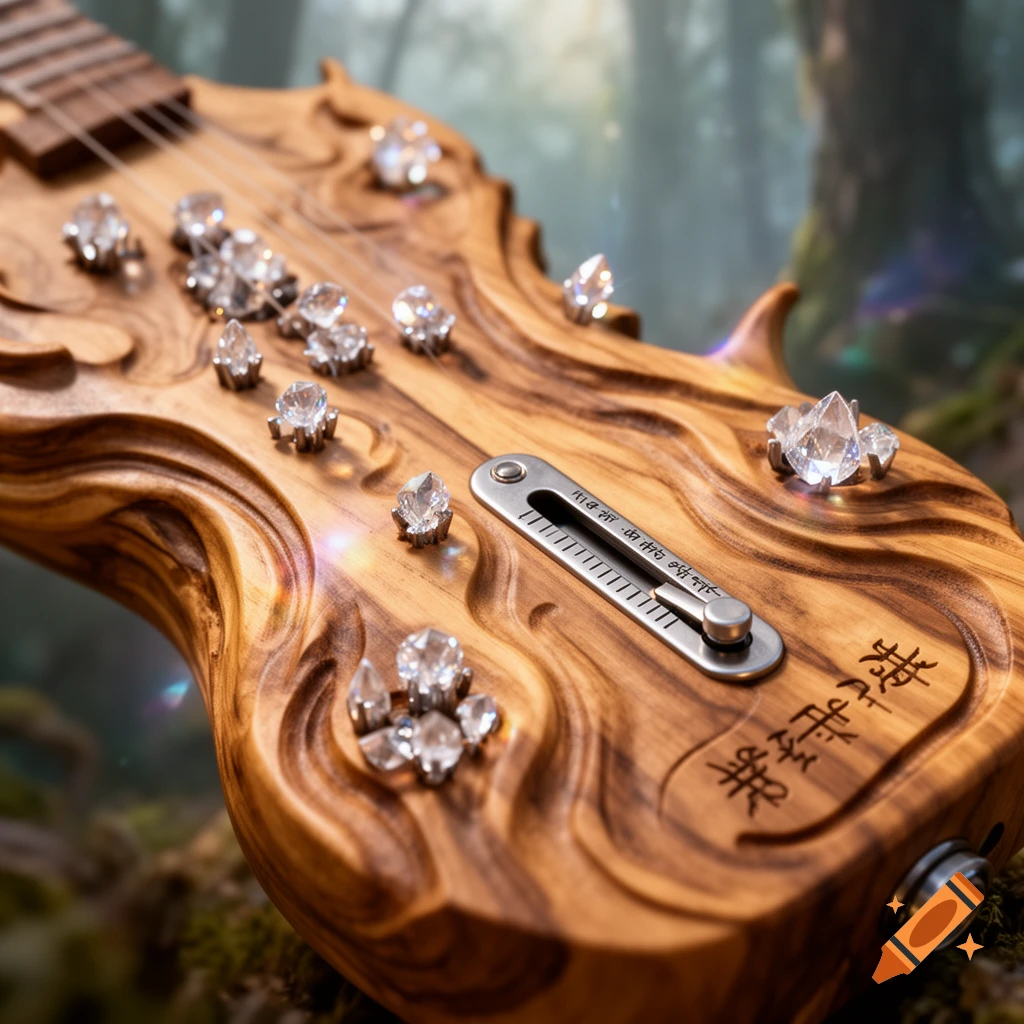A close-up of a fantastical wooden stringed instrument adorned with carved patterns and sparkling crystals in a mystical forest.