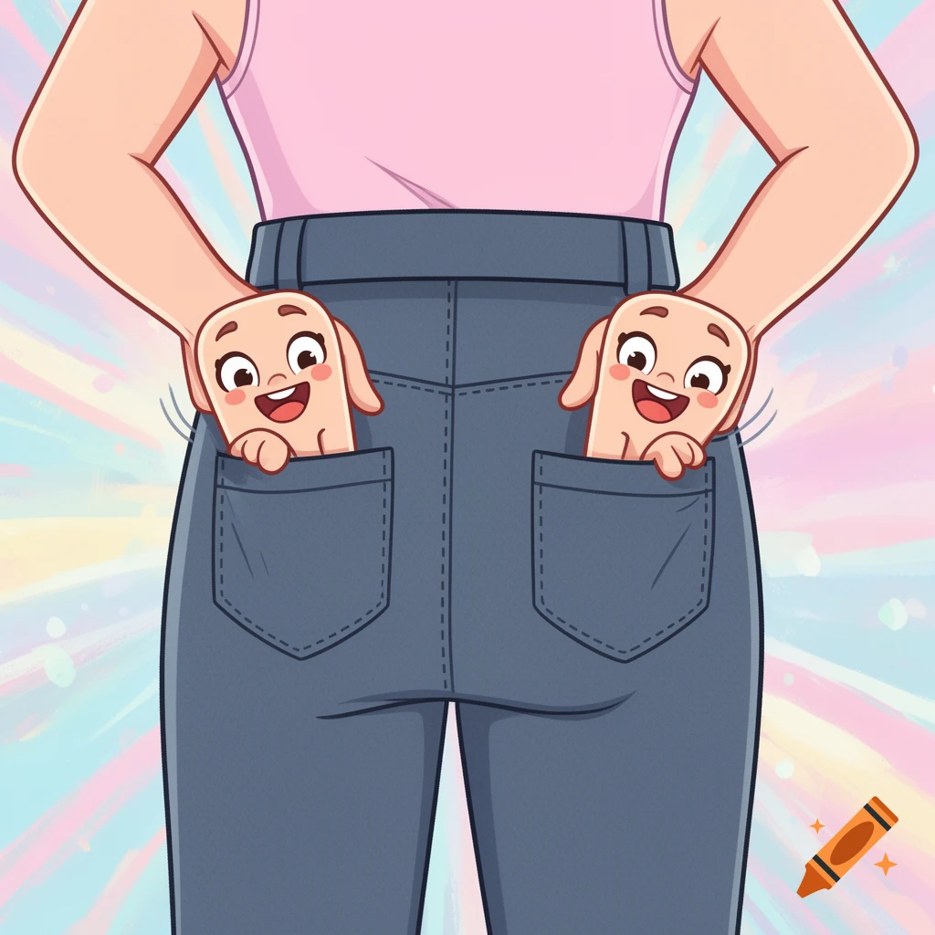 A cartoon of two smiling, anthropomorphic shoulder blades peeking out of the back pockets of a person's blue jeans.