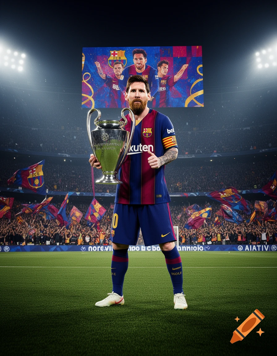 Lionel Messi holding the Champions League trophy in a FC Barcelona kit on a football pitch in a stadium, with a collage of players in the background.