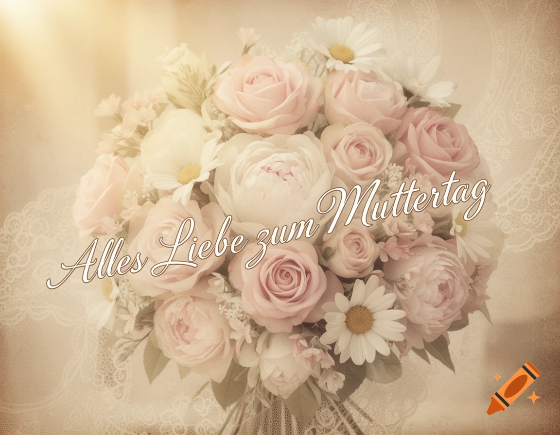 A vintage-style bouquet of light pink roses and white daisies with 'Alles Liebe zum Muttertag' text on a soft, textured background.