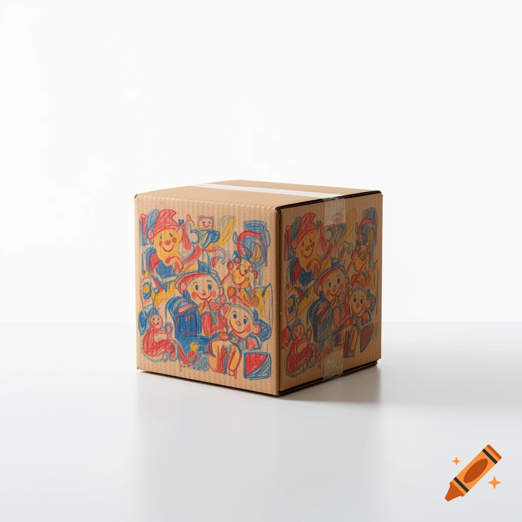 Cardboard box with a colorful, crayon-style drawing of cartoon characters against a white background.