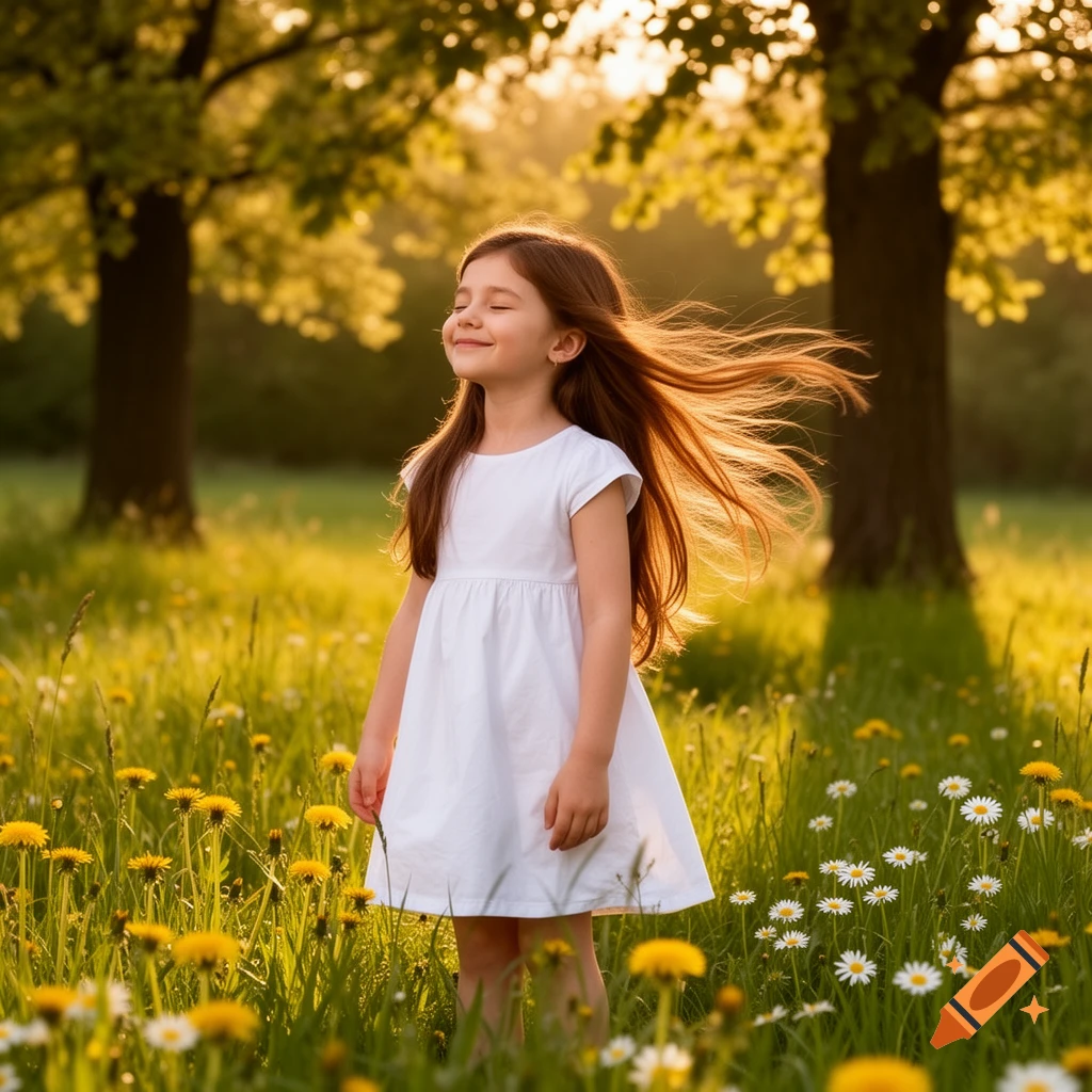 A young girl with long brown hair stands in a sunny field of dandelions, eyes closed, smiling peacefully. Photorealistic.