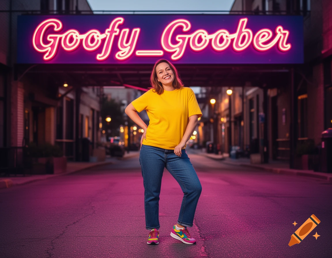 A smiling woman in a yellow shirt and jeans stands on a city street under a pink neon sign that reads 'Goofy_Goober', with pink light reflecting on the pavement.