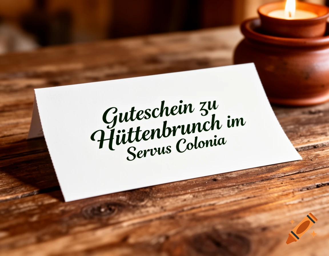 A white gift voucher with German text for 'Hüttenbrunch im Servus Colonia' on a rustic wooden table next to a lit candle.
