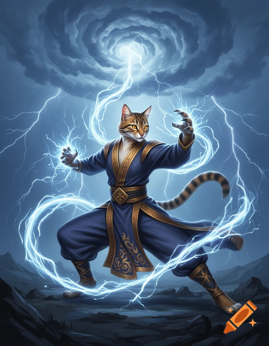 A powerful cat-like monk in blue robes conjures lightning under a stormy sky.