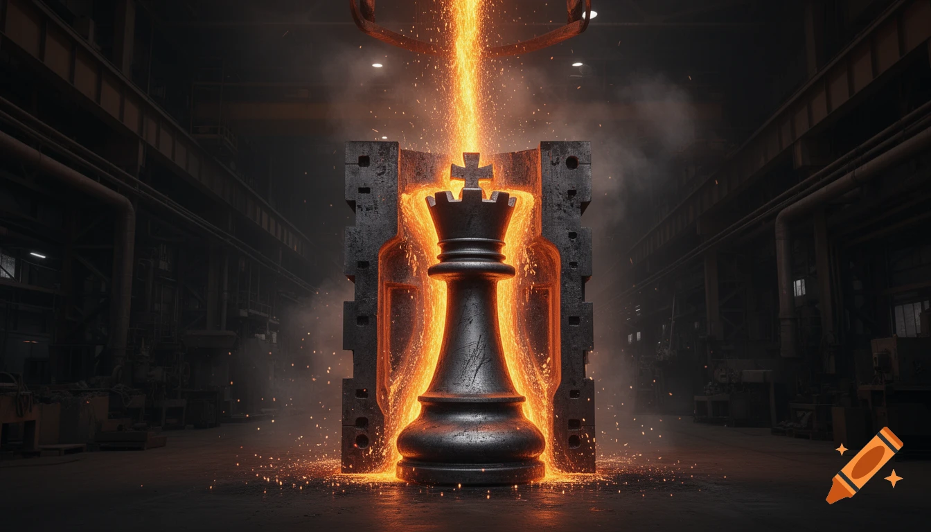A large king chess piece mold in a dark industrial foundry, with molten orange-yellow iron pouring into it, creating sparks and smoke. Photorealistic.