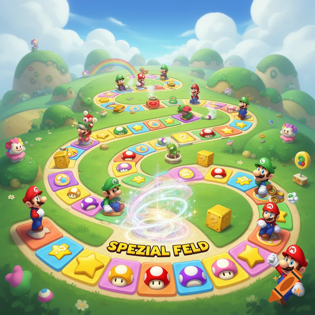 A colorful Mario Party-style board game sprawls across a green, hilly landscape under a blue sky, featuring numerous Mario and Luigi characters.