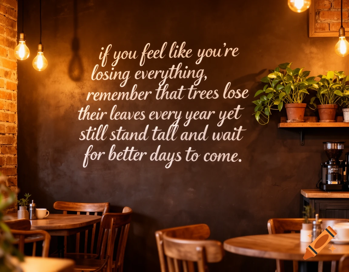A warm cafe interior with a large white motivational quote painted on a dark wall, surrounded by Edison bulbs and potted plants.