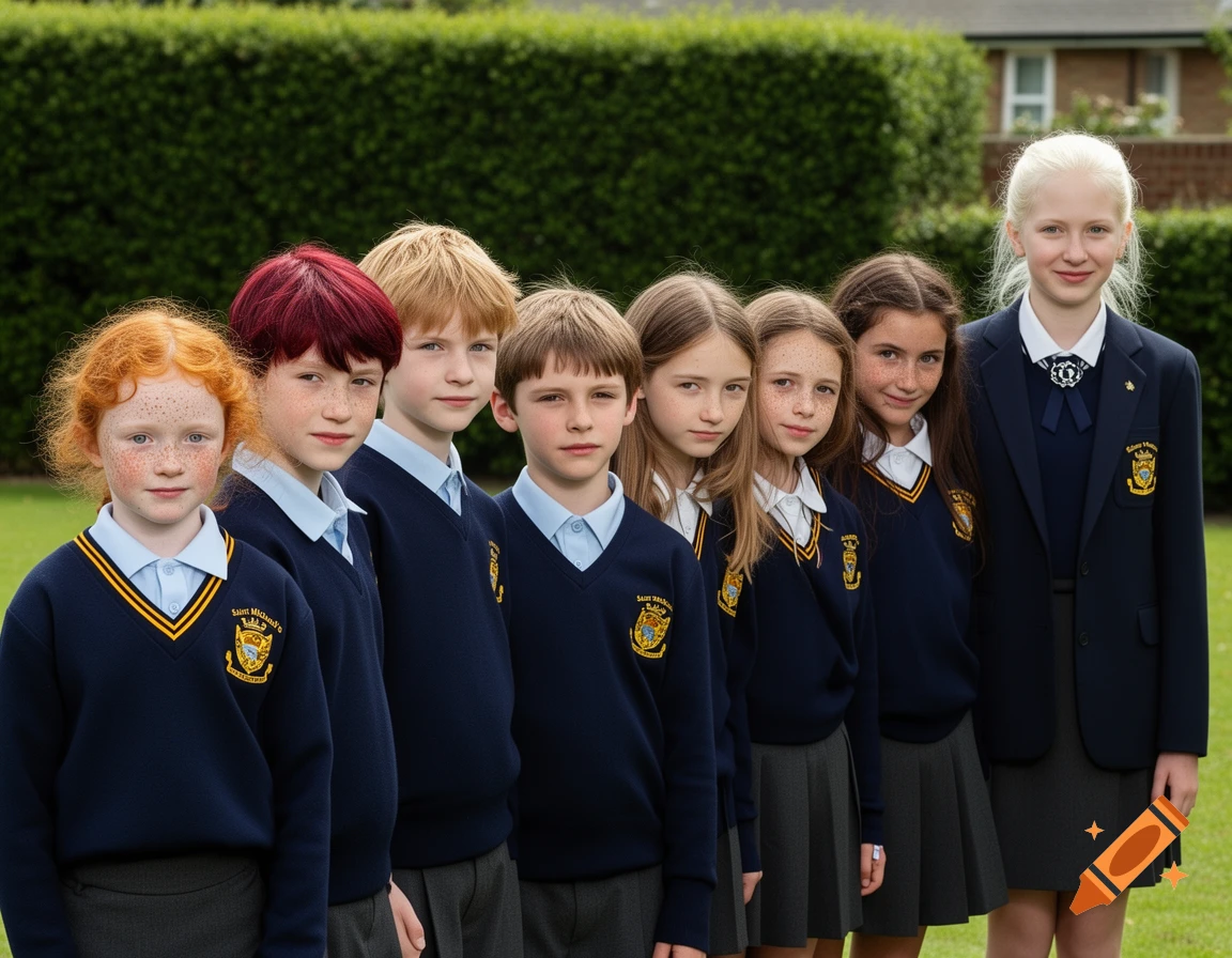Eight children in school uniforms, mostly navy with yellow trim, stand in a line outdoors in front of a green hedge. The children have various hair colors and expressions.