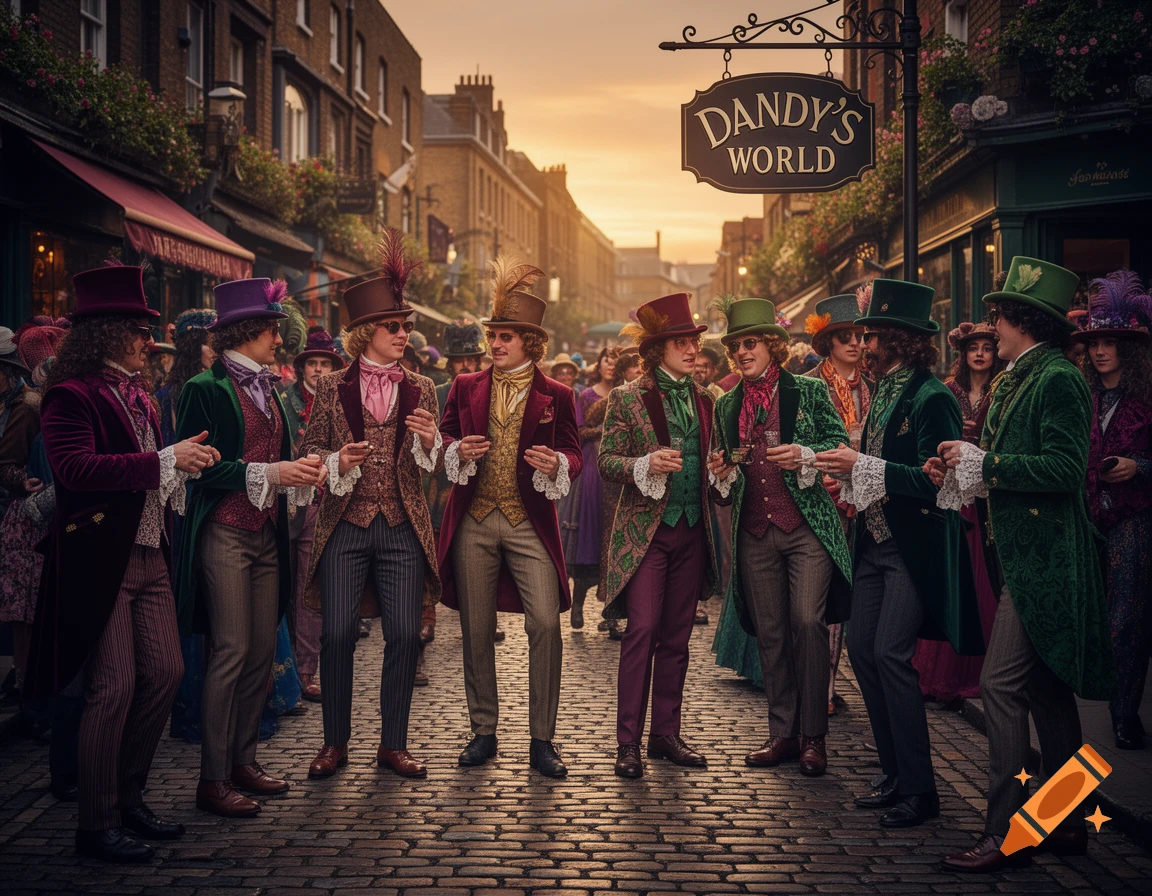 A group of impeccably dressed men in colorful, elaborate historical fashion (dandies) standing on a cobblestone street under a 'DANDY'S WORLD' sign at sunset.