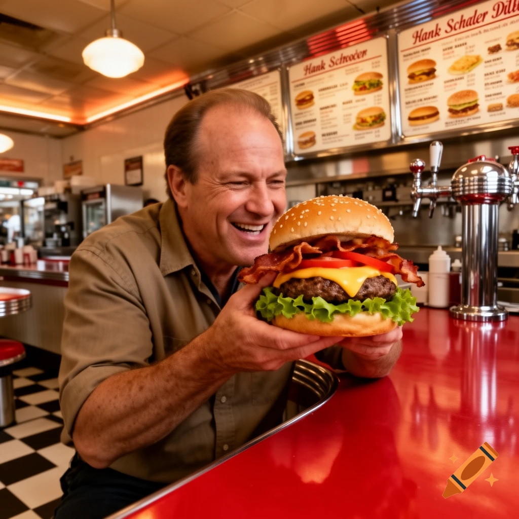 A man happily holding a large bacon cheeseburger in a retro diner, with menus in the background.