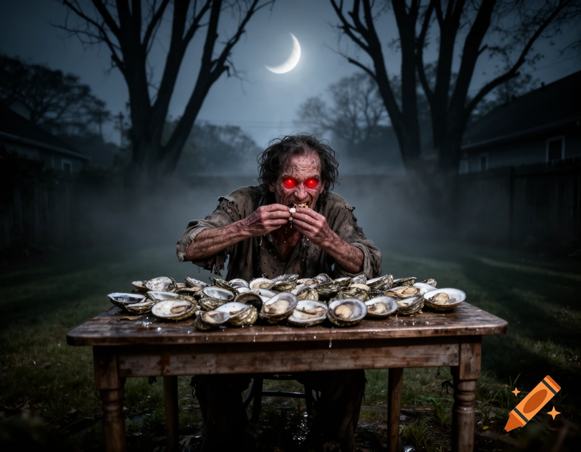 A photorealistic image of a deranged man with glowing red eyes intensely eating oysters from a table in a misty backyard at night under a crescent moon.