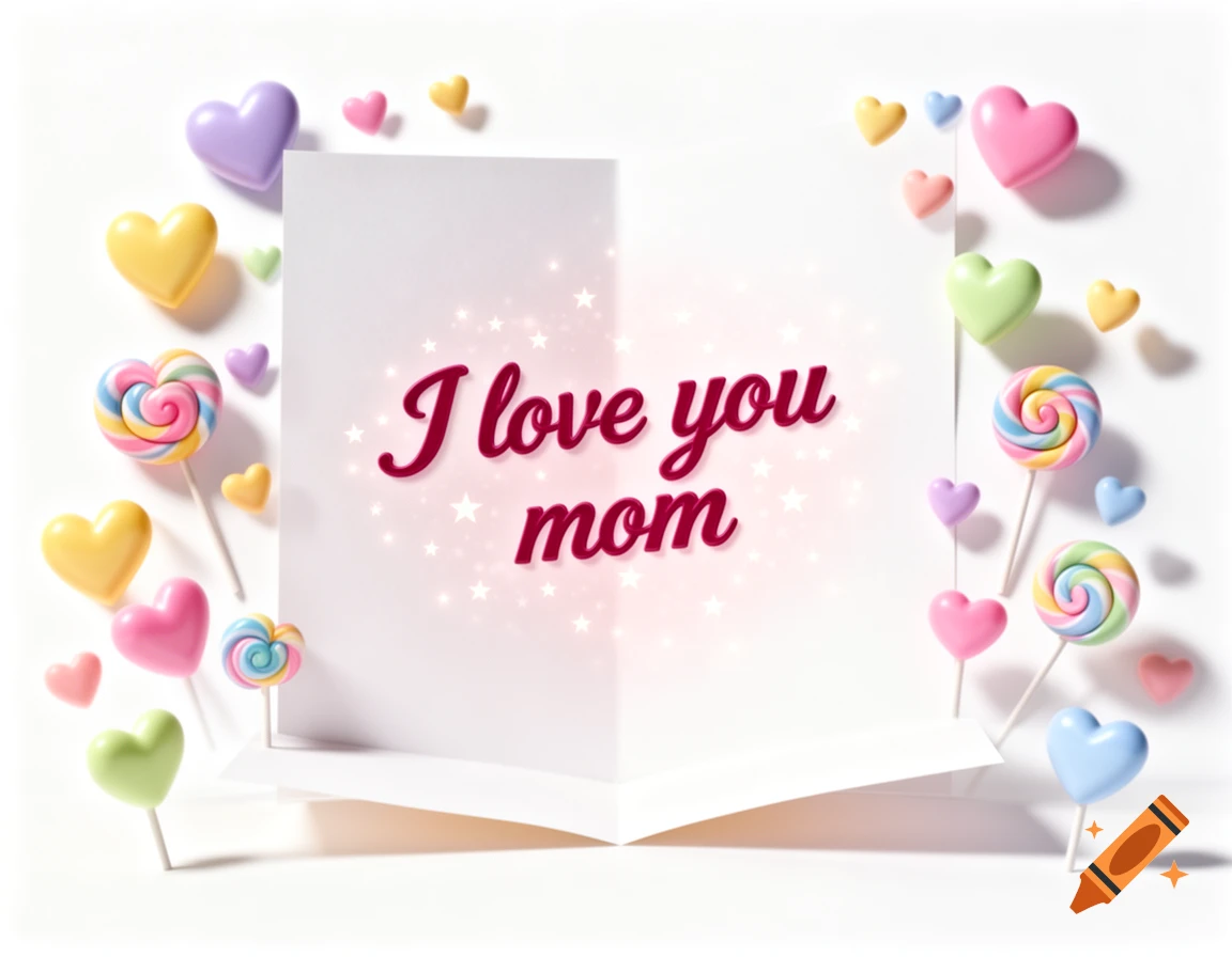 An open Mother's Day card displays 'I love you mom' text, surrounded by colorful heart-shaped candies and swirl lollipops.