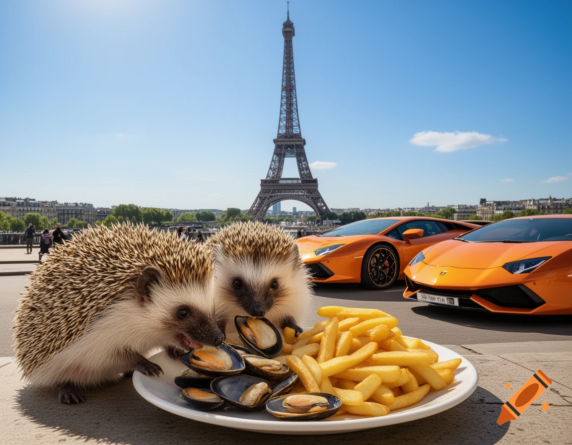 Two hedgehogs eat mussels and french fries from a plate, with the Eiffel Tower and two orange Lamborghinis in the sunny background.