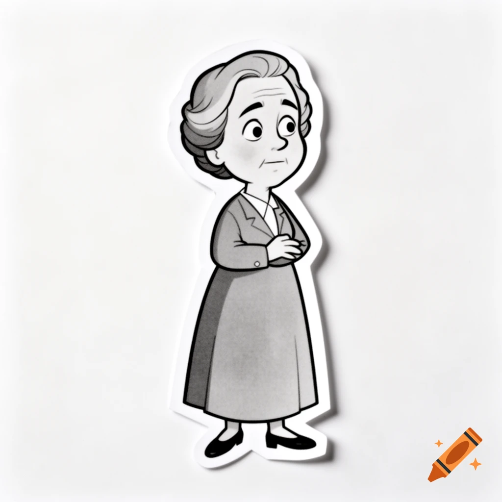 Black and white cartoon sticker of Lise Meitner with a serious expression, arms crossed, wearing a suit and long skirt.