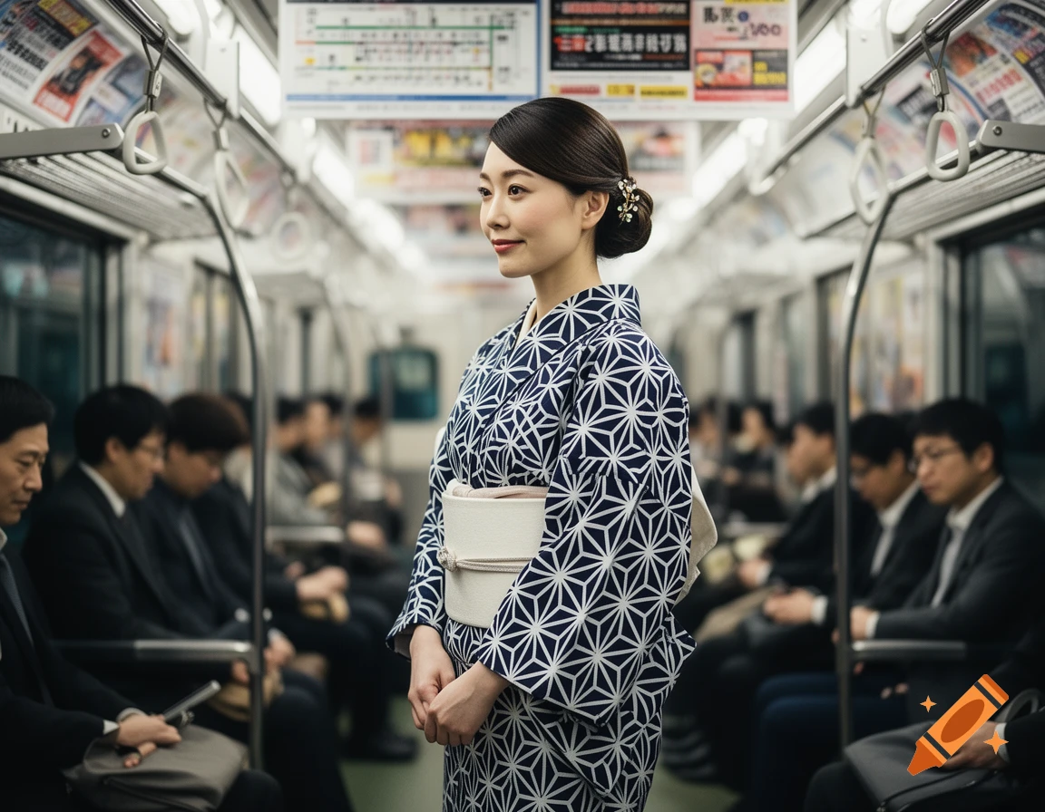 A Japanese woman in a blue and white geometric kimono stands in a Tokyo subway carriage with other passengers.