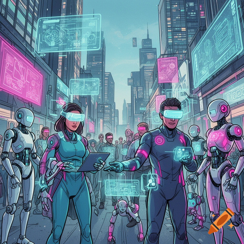 Comic art of people and robots in a futuristic city, interacting with glowing holographic interfaces and VR headsets.