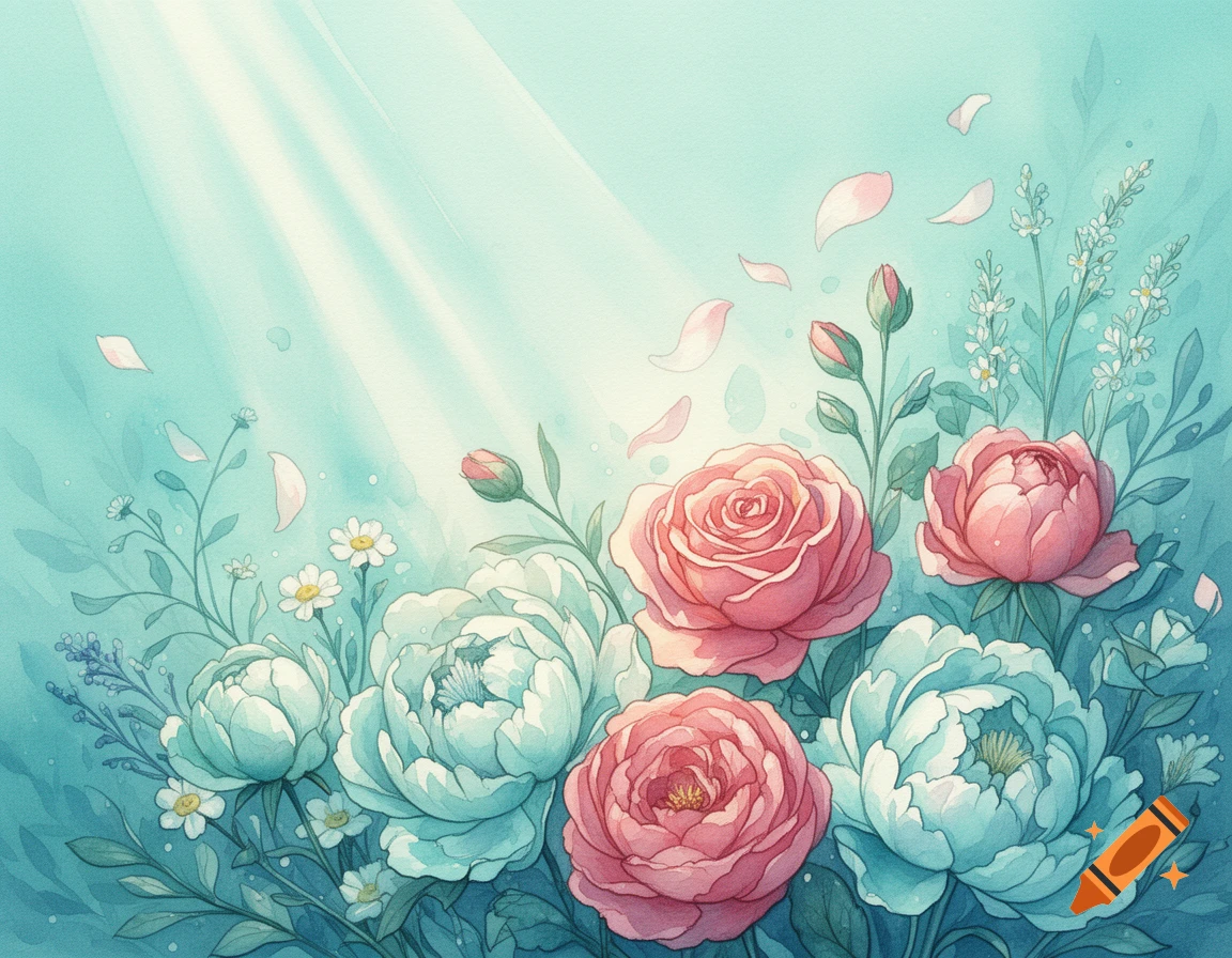 A serene watercolor illustration of pink roses and light blue peonies with wildflowers, floating petals, and light rays on a turquoise background.