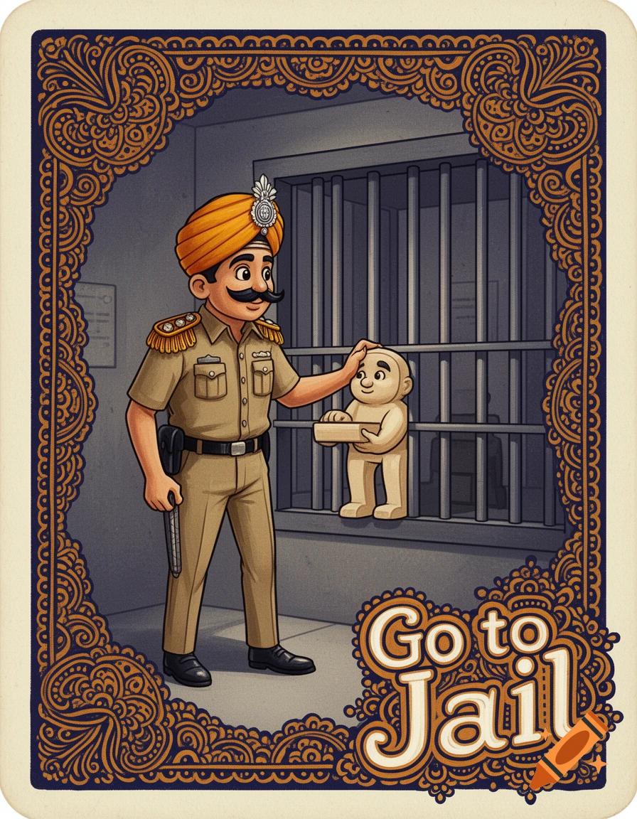 Cartoon illustration of an Indian policeman next to a jail cell with a stylized figure, text says 'Go to Jail', in a decorative card frame.