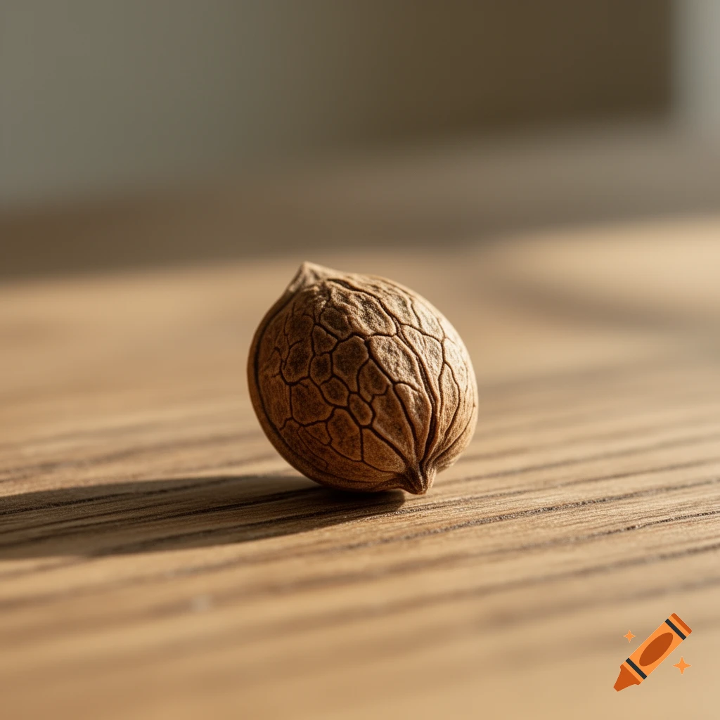 A detailed close-up of a brown, textured plant seed resting on a sunlit wooden surface.