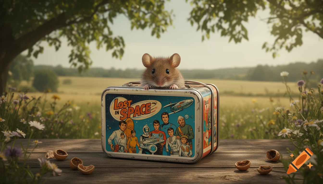 A field mouse peeking out of a vintage "Lost in Space" lunchbox on a wooden table in a grassy field with wild flowers.