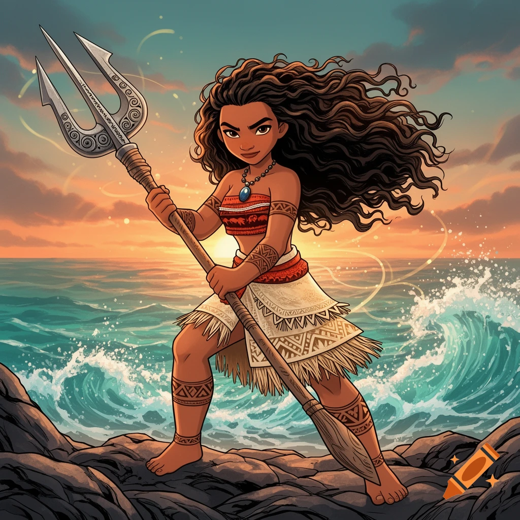 Manga-style Moana (Vaiana) holding a trident, standing on rocks by the ocean at sunset.