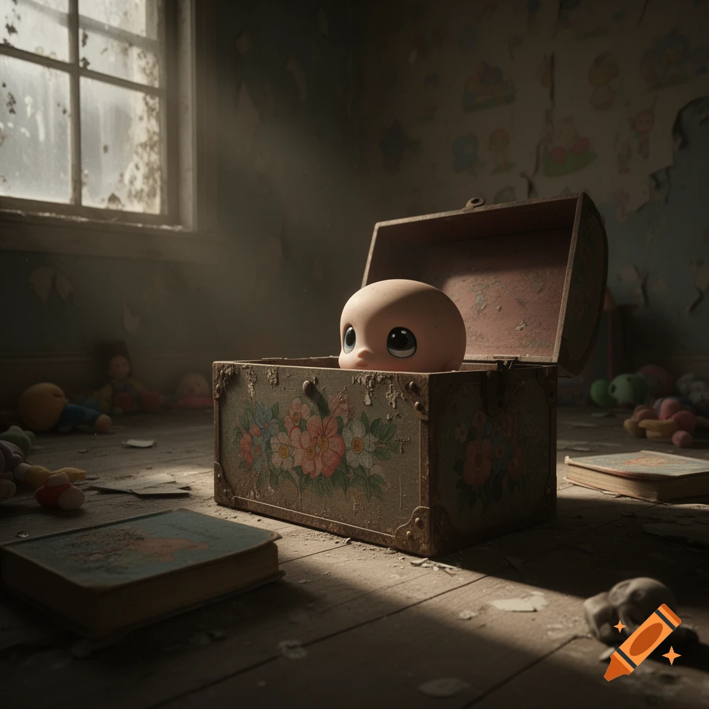 A large, bald, doll-like head with huge eyes peeks from an old floral chest in a dusty, abandoned room filled with scattered toys and books.