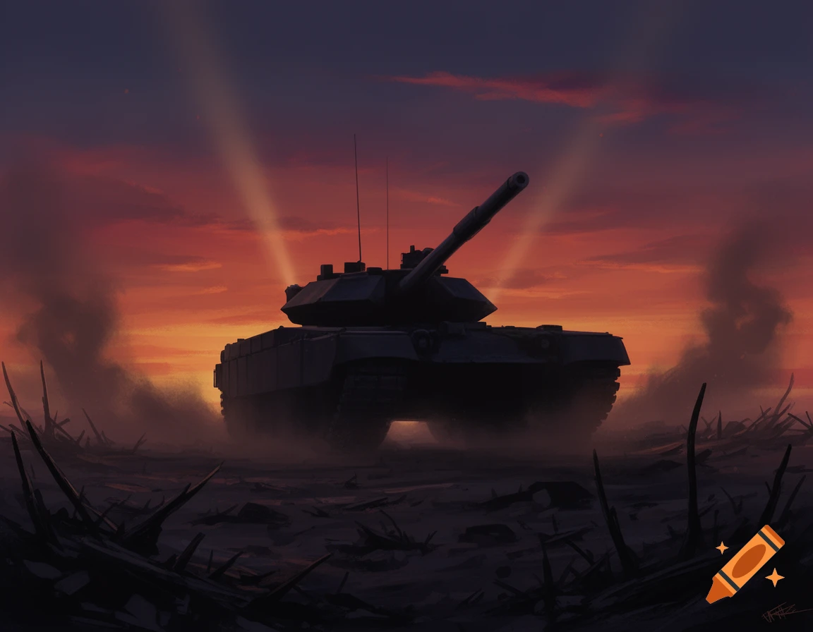 A military tank silhouette stands on a dark battlefield with debris, set against a vibrant orange and purple sunset sky with smoke.