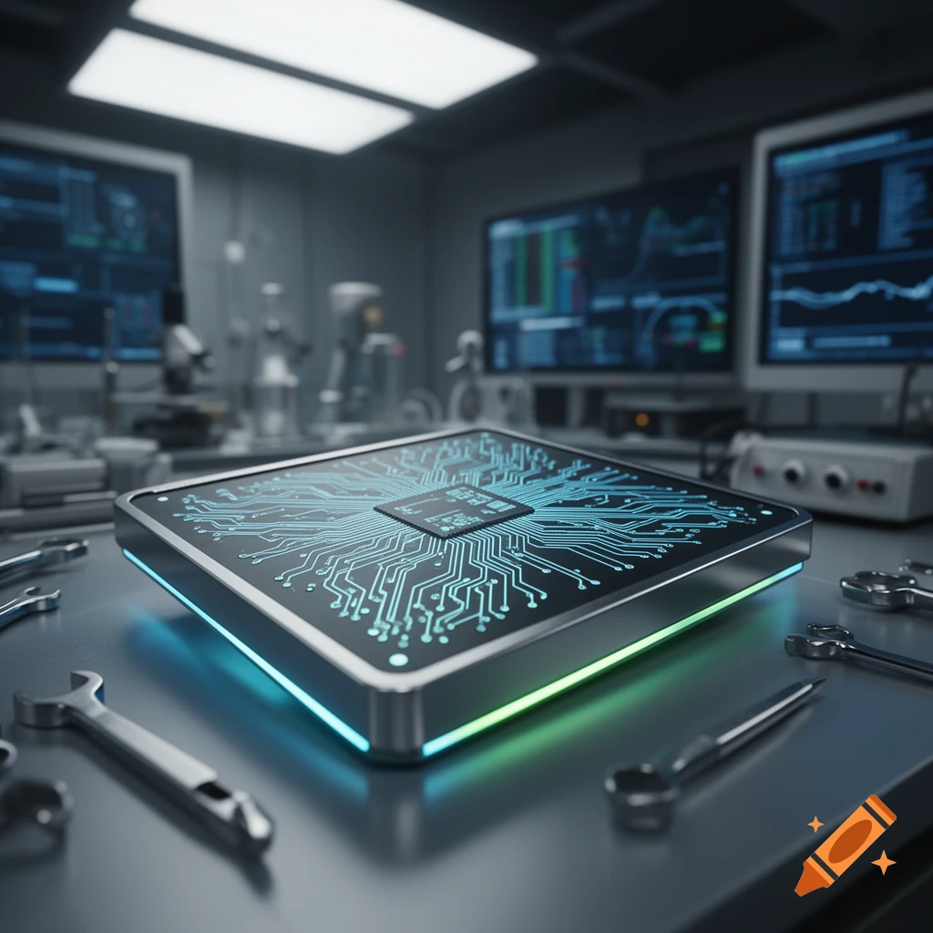 A futuristic glowing microchip with intricate circuit patterns sits on a lab table surrounded by tools and computer screens, photorealistic.