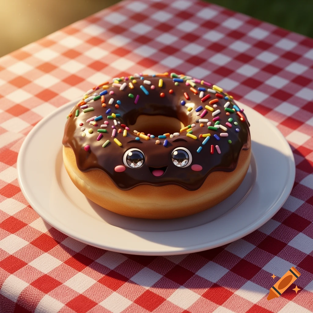 A cute cartoon chocolate donut with colorful sprinkles, shiny eyes, and a happy mouth on a white plate, on a red and white checkered picnic blanket.