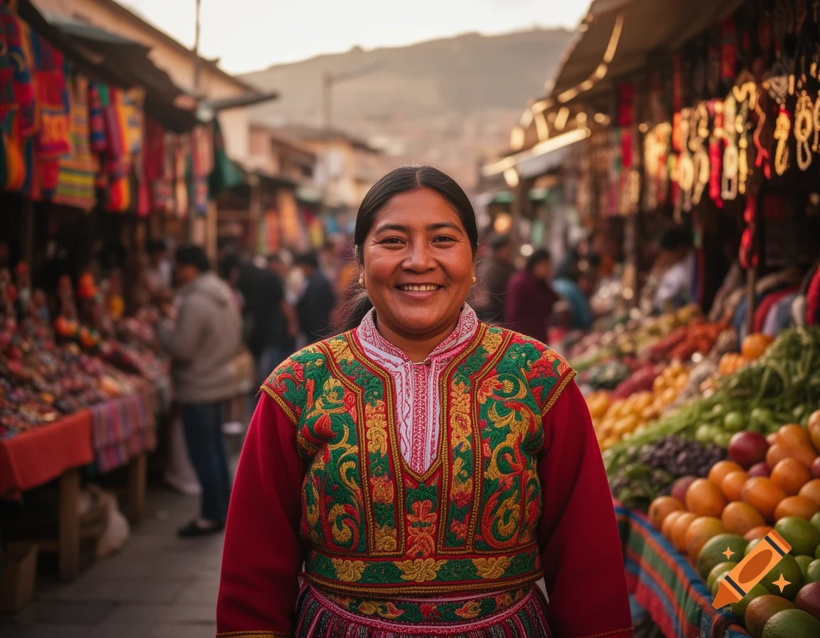 A smiling woman in a colorful embroidered traditional blouse stands in a vibrant outdoor market with blurred stalls of goods.