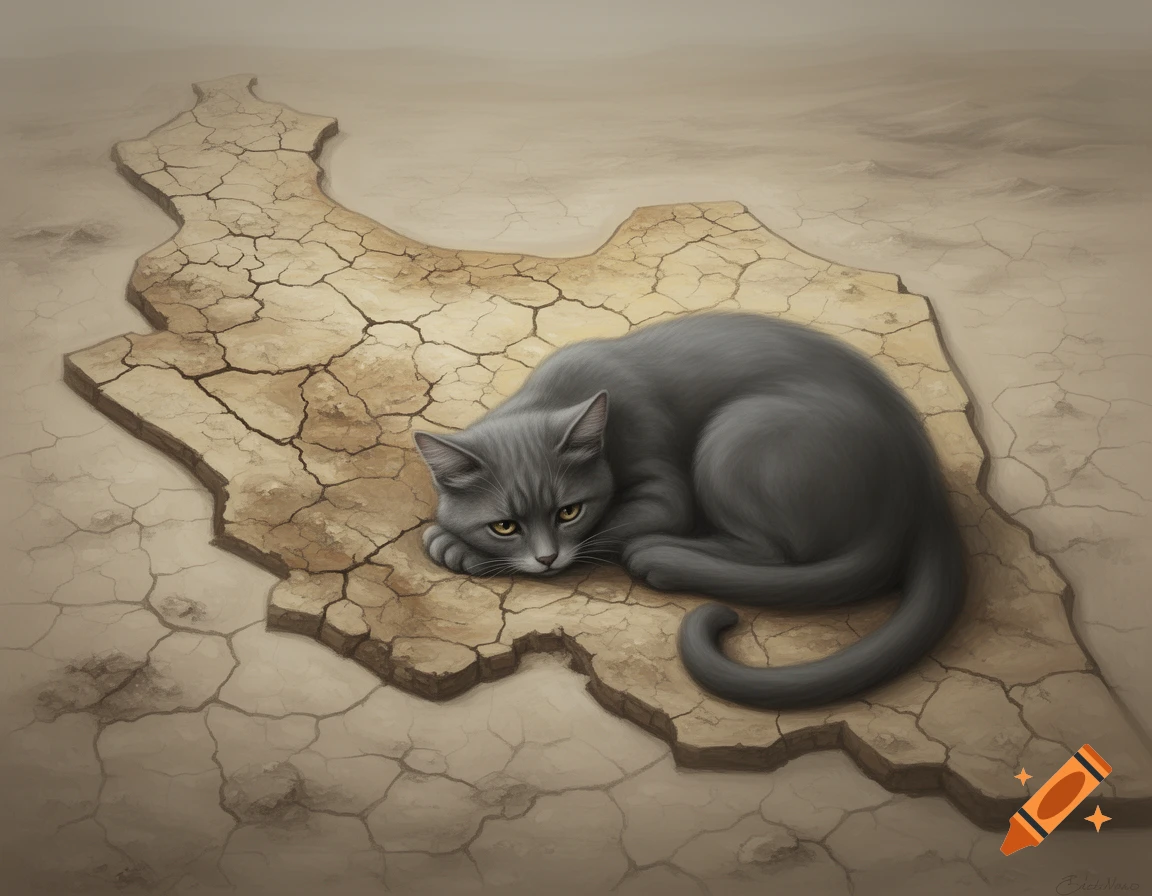 A sad grey cat lies curled on a cracked, dry earth map of Iran, set against a desolate, cracked landscape in an illustrative style.