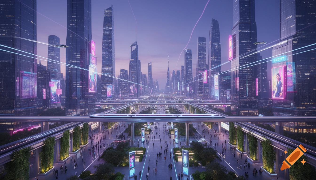 A sprawling futuristic cityscape at dusk with towering skyscrapers, elevated trains, and bustling pedestrian walkways, illuminated by neon lights.