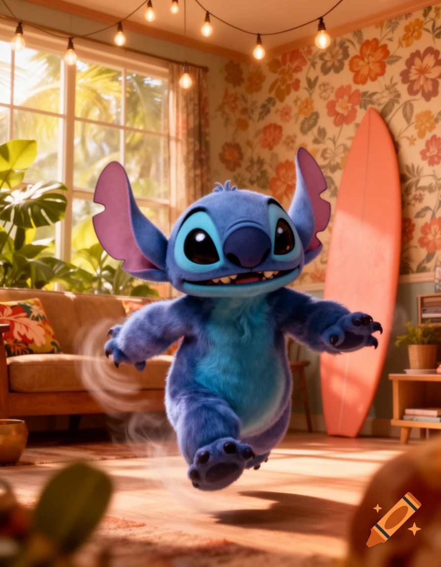 A photorealistic 3D render of the blue alien character Stitch running and jumping indoors in a vibrant tropical-themed room.
