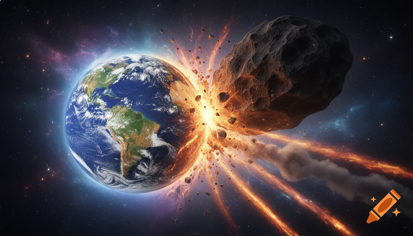 Photorealistic image of a massive asteroid colliding with Earth in space, creating a fiery explosion.